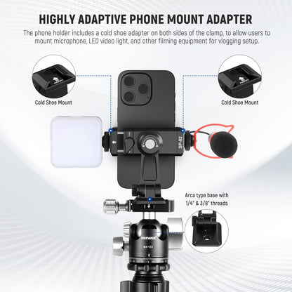 NEEWER Metal Phone Tripod Mount Adapter with Arca QR Base, Cold Shoe, 360° Swivel 180° Tilt, Phone Holder Compatible with iPhone 17 Pro Max 16 15 Samsung Galaxy S25 Ultra S24