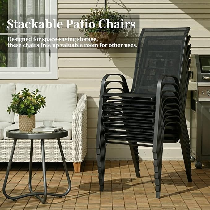 MAMIZO Patio Dining Chairs, Stackable All Weather Teslin Chair, Heavy Duty Outdoor Breathable Chairs Set, w/Armrests, Upgraded Chair FeetW/Strenthened Iron Spacers, 330 LBS (8, Black)