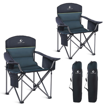 2 Pack Oversized Folding Camping Chairs High Back Heavy Duty Padded Lawn Chair for Adults Support up to 450lbs with Cup Holder, Side Pocket Cooler Bag, Green