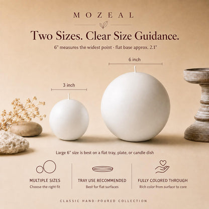 MOZEAL Hand-Poured, 3 Inch White Round Ball Candles - Elegant White Round Pillar Candles Set of 3, Dripless, Unscented, Smokeless, Ideal for All Occasions.