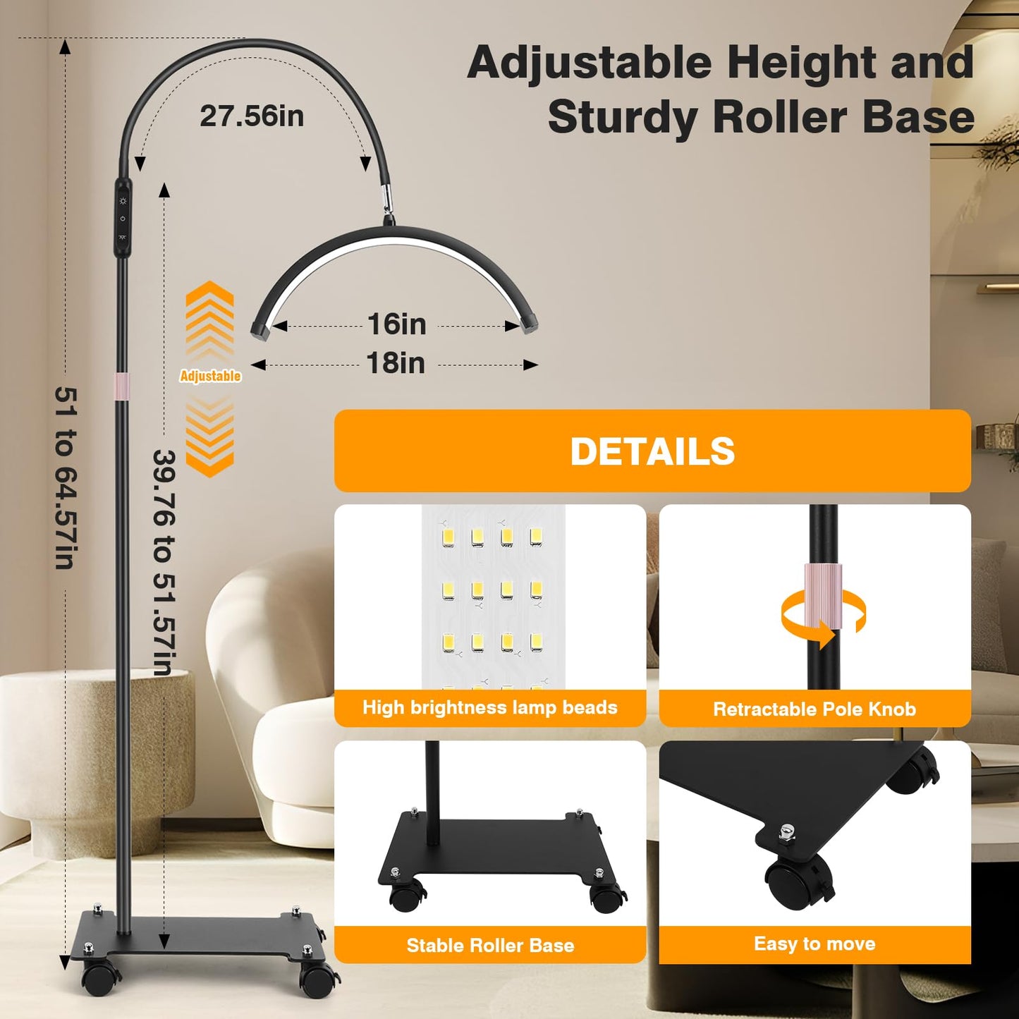 Mznoo Lash Light for Eyelash Tech with Wheels, Half Moon Light for Lash Extensions, Nail Tech, Tattoo Artist and Make up, LED Floor Lamp Adjustable Brightness and Color Modes (Black)