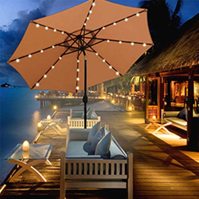 Blissun 9 ft Solar Umbrella, 32 LED Lighted Patio Umbrella, Table Market Umbrella, Outdoor Umbrella for Garden, Deck, Backyard, Pool and Beach (Tan)