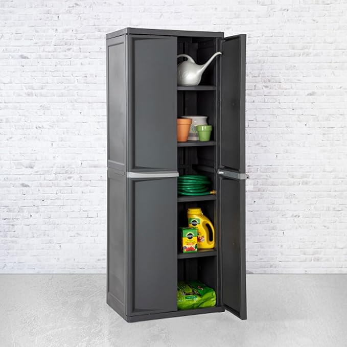 Sterilite 2-Pack 4 Shelf Cabinet, Lockable Utility Storage w/Adjustable Shelves, Gray - Plastic Shelving Unit for Organizing Garage, Pantry, Basement, Laundry Room or Mudroom