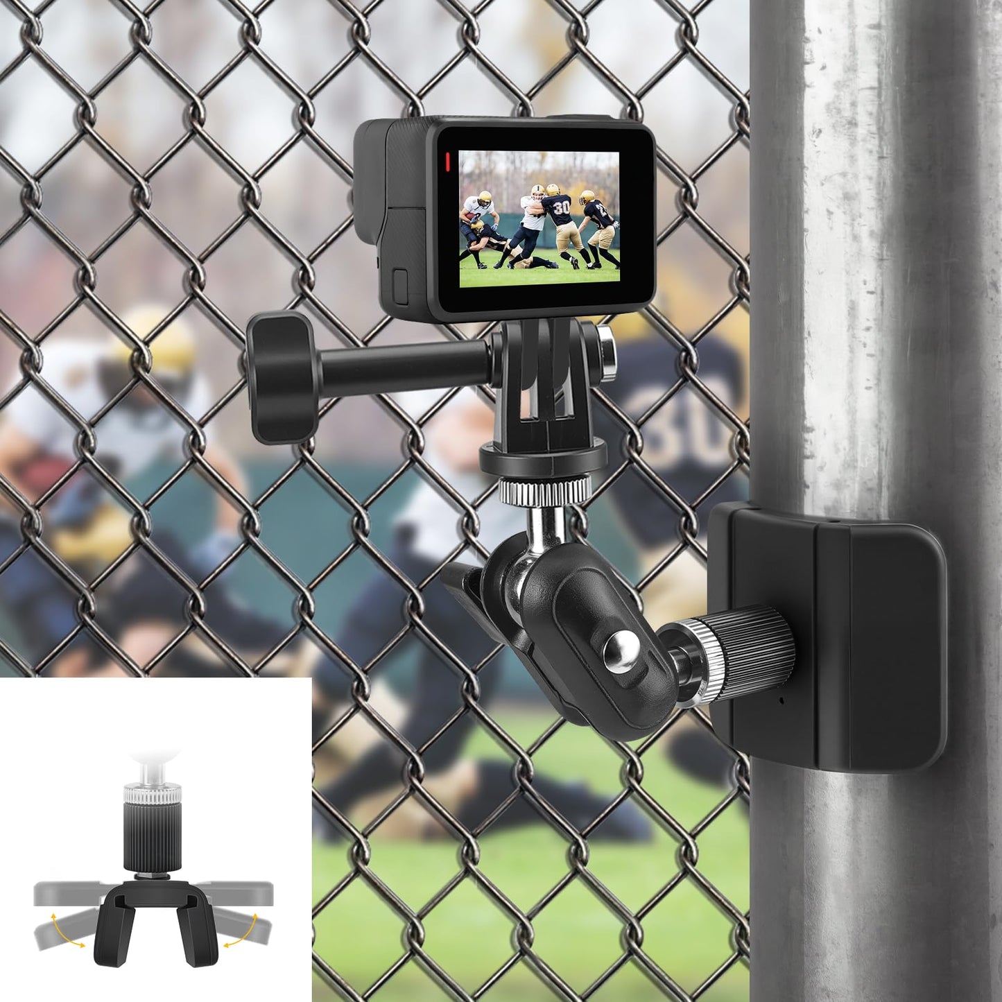 Magnetic Camera Fence Mount for Sports Recording, Universal Pole Mount fits for GoPro Insta360 X5 Mevo Camera, Flexible Fold Magnet Base for Flat & Curved Surfaces, Gym & Training Video Mount