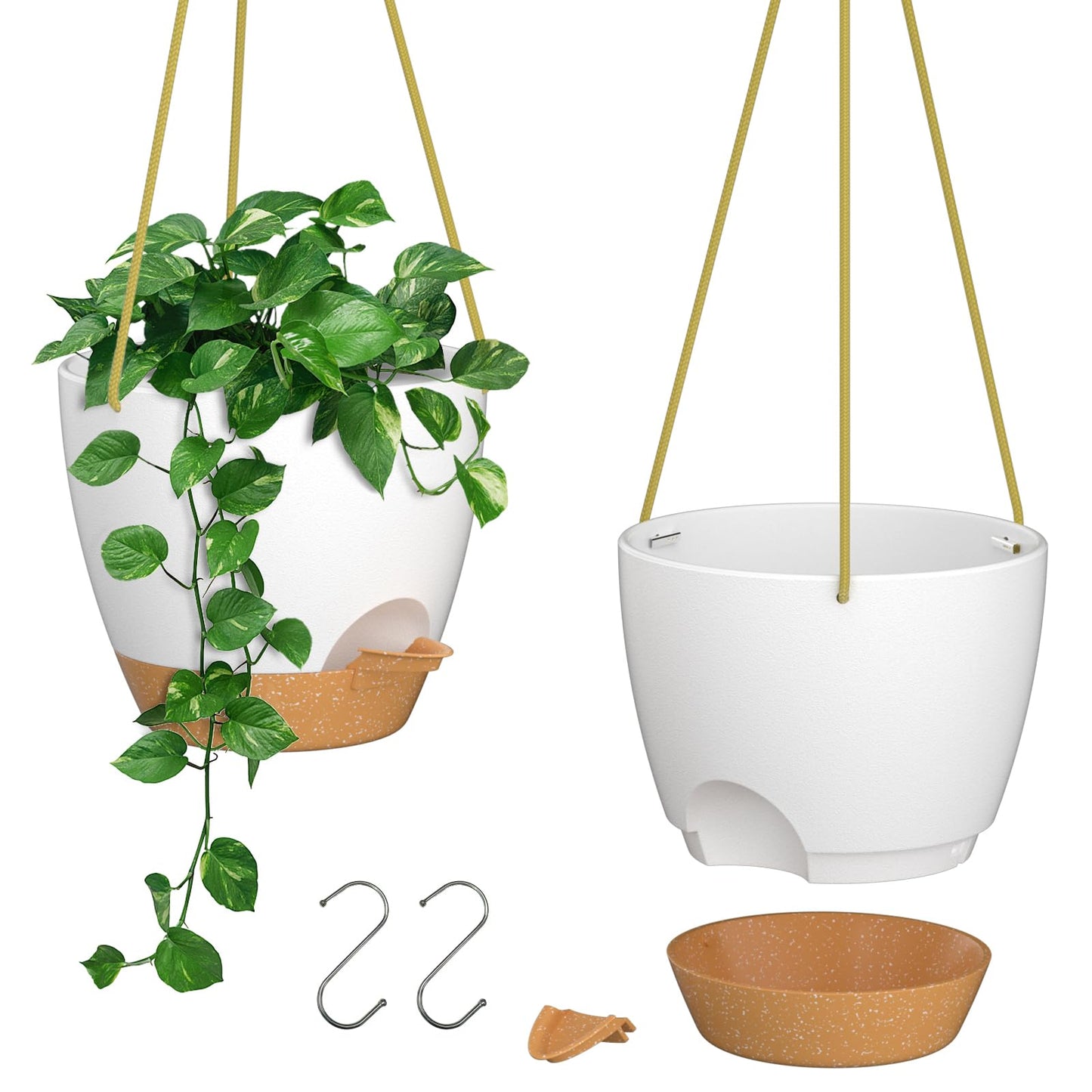 ZMTECH 10 Inch Hanging Planters for Indoor Outdoor Plants, 2 Pack Self Watering Hanging Plant Pots with Drainage Holes and Removable Saucer, Plastic Flower Hanging Pots with Watering Lip (White)