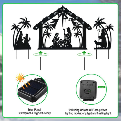 Hokfirm Solar Nativity Scene Outdoor,3Pack Lighted Outdoor Christmas Decorations,Metal Silhouette Nativity Set Outside for Yard Garden Stake