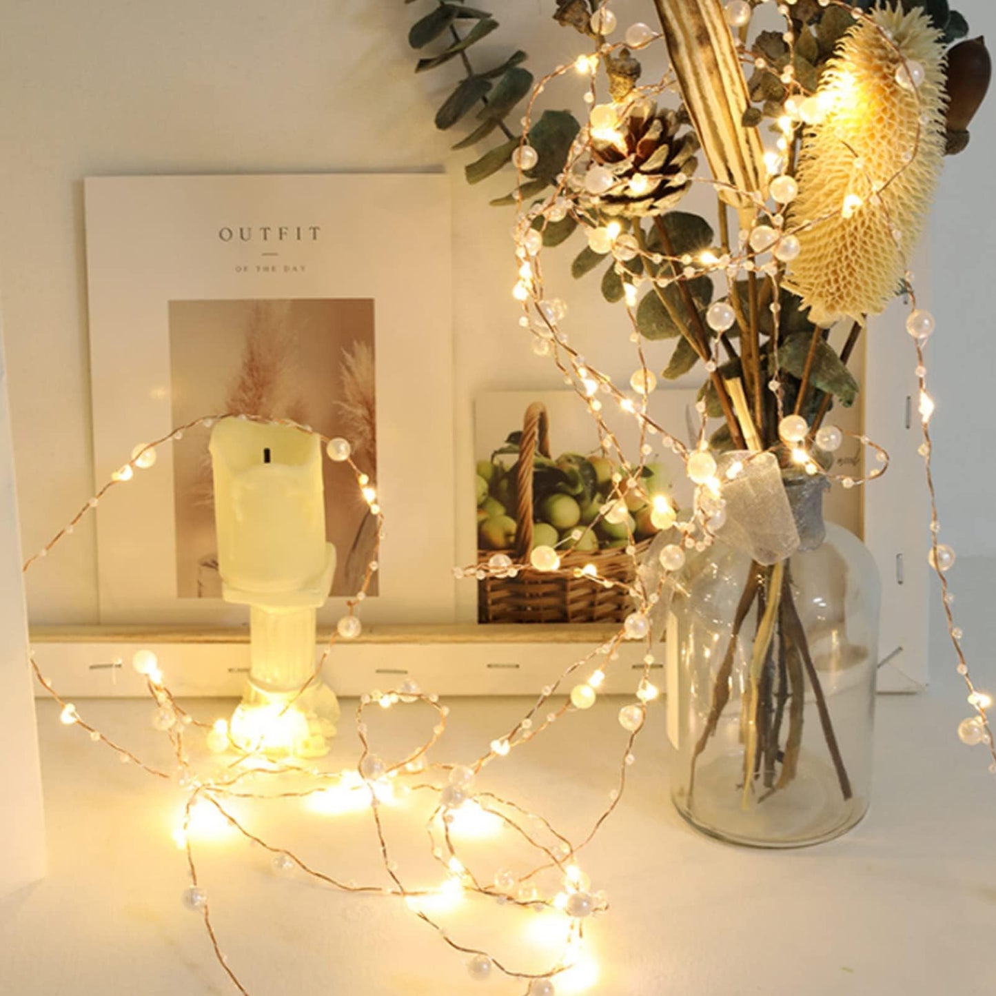Kukyller 2PCS 32.8ft LED Fairy Lights Battery Operated, Ocean Pearl Beads String Lights, Pearl Fairy Copper Wire Lights for Home Bedroom Classroom Dorm Wedding Christmas Decor (10m)