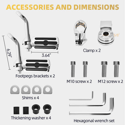 Upgrade Highway Footpegs, 1.25" Motorcycle Highway Pegs Long Angled Adjustable Chrome and Rubber Style Fit for Harley Touring Street Glide Road King Softail Dyna Fit 1-1/4" Engine Guard(Chrome)