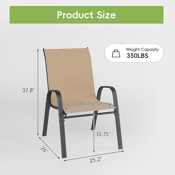 Patio Chairs Set of 4, Outdoor Dining Chairs Stackable for All Weather, Breathable Metal Modern Outside Furniture Chair for Pool Side, Garden, Backyard Deck, Brown