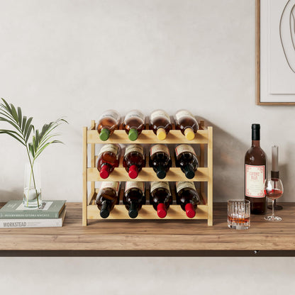 Dripex Bamboo Wine Rack, 12 Bottles Wine Holder Storage Shelf, 3-tire Small Freestanding Bottle Wine Rack for Countertop, Kitchen, Bar, Cellar (40 x 22 x 32 cm)