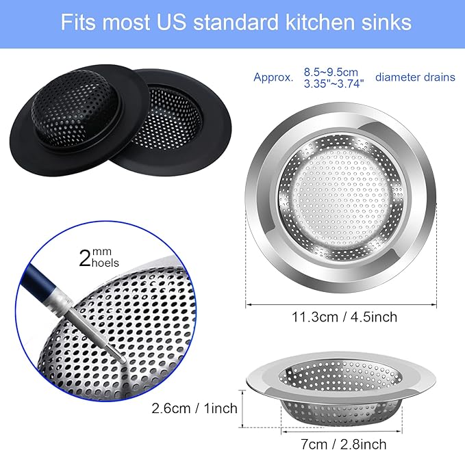 Kitchen Sink Drain Strainer, 4 Pack Stainless Steel and Black Mesh Sink Strainer