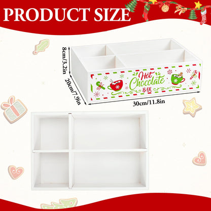FYSUIMU Christmas Hot Cocoa Wood Storage Box Red-Green Xmas Rustic Wooden Organizer Bins Tabletop with 4 Compartments for Holiday Farmhouse Party Home Office Kitchen Decor