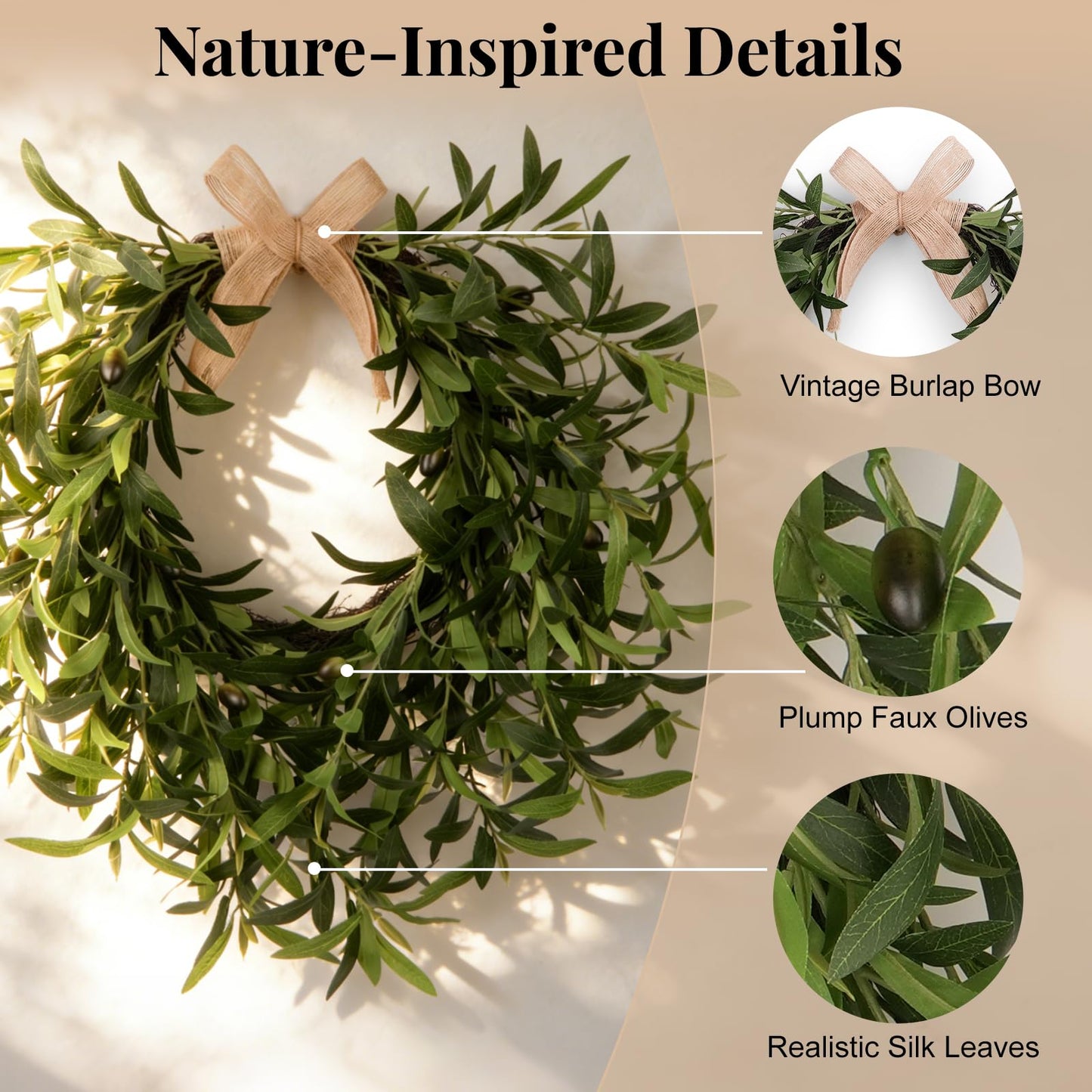 Artificial Olive Wreath for Front Door - 22 Inch Faux Greenery Wreath with Burlap Bow & Olives - Modern Farmhouse Wall Decor, Year Round Spring Summer Wreath for Indoor Outdoor Wedding Entryway