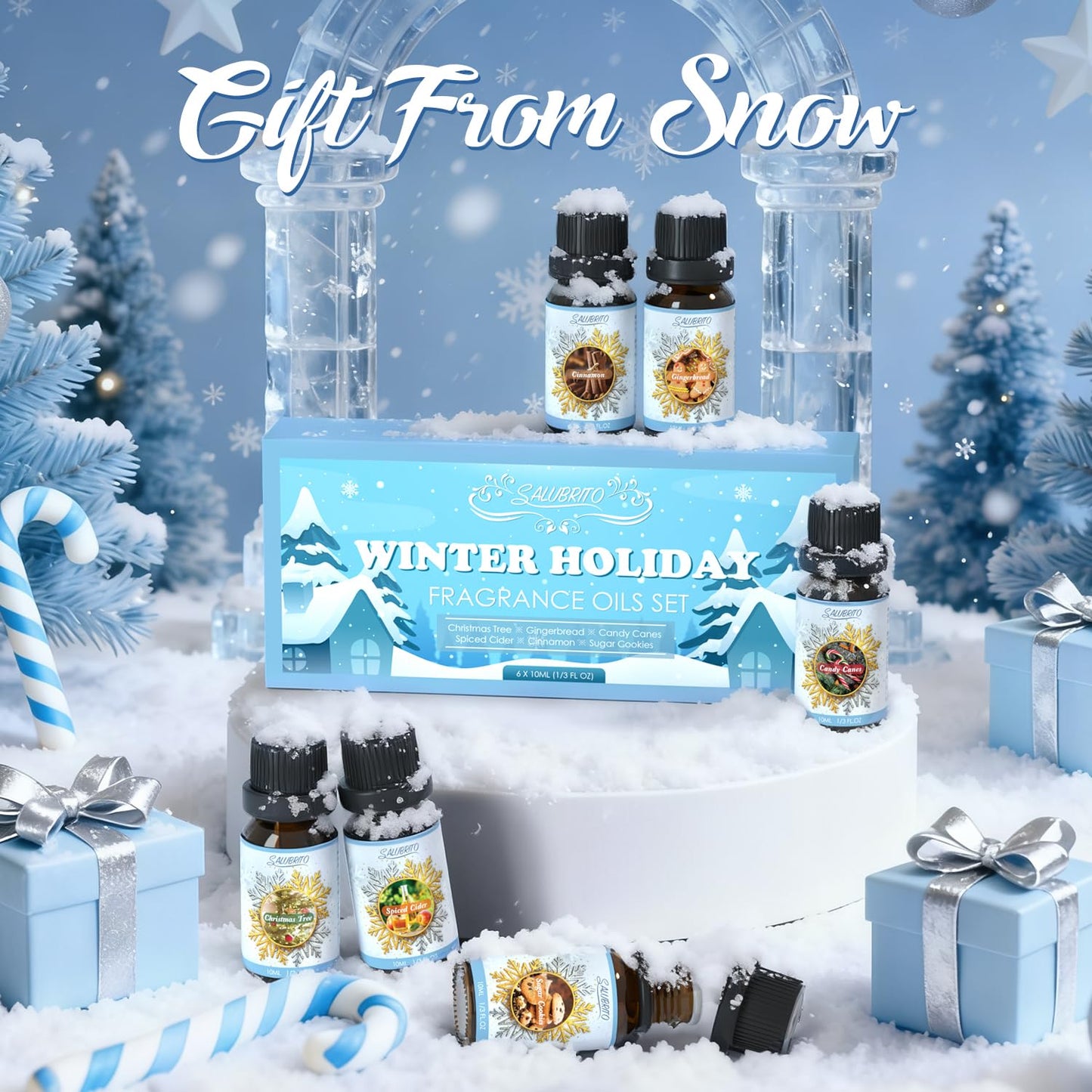 SALUBRITO Winter Fragrance Oils Set, Holiday Essential Oils for Diffuser, Candle, Soap Making - Christmas Tree, Cinnamon, Gingerbread, Candy Cane, Spiced Cider, Sugar Cookies Scented Oil