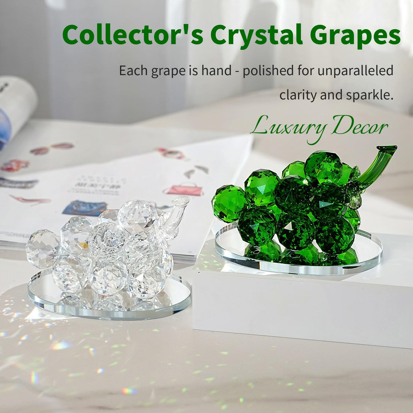 Grape Cluster Crystal Decor Sculpture, Sparkling High-Transparency Faceted Design, Luxurious High-End Crystal with Mirror Base, Elegant Home/Office Display, Gift for Collectors & Fruit Lovers (White)