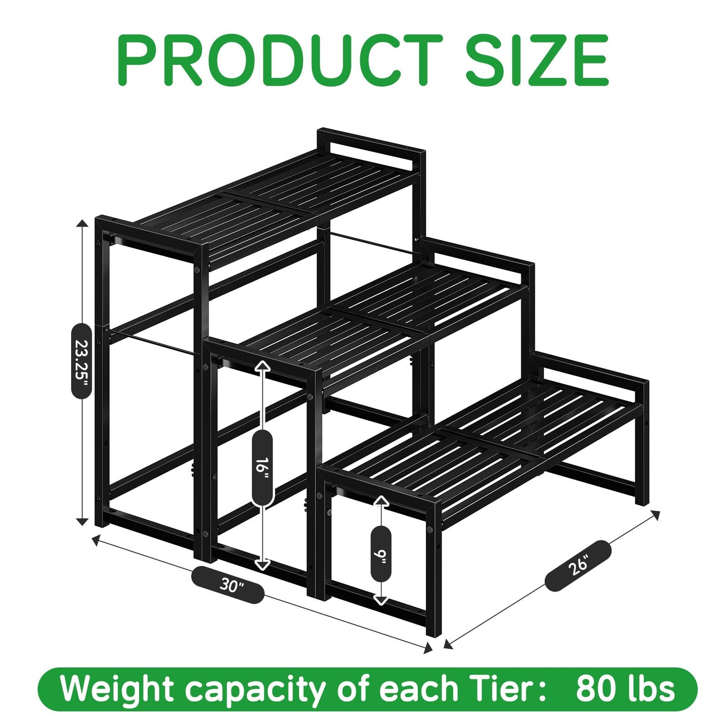 Ekisemio 3-Tier Metal Plant Stand, Heavy Duty Waterproof Indoor Outdoor Stackable Shelf, Tall Flower Pot Holder & Display Rack for Garden, Black