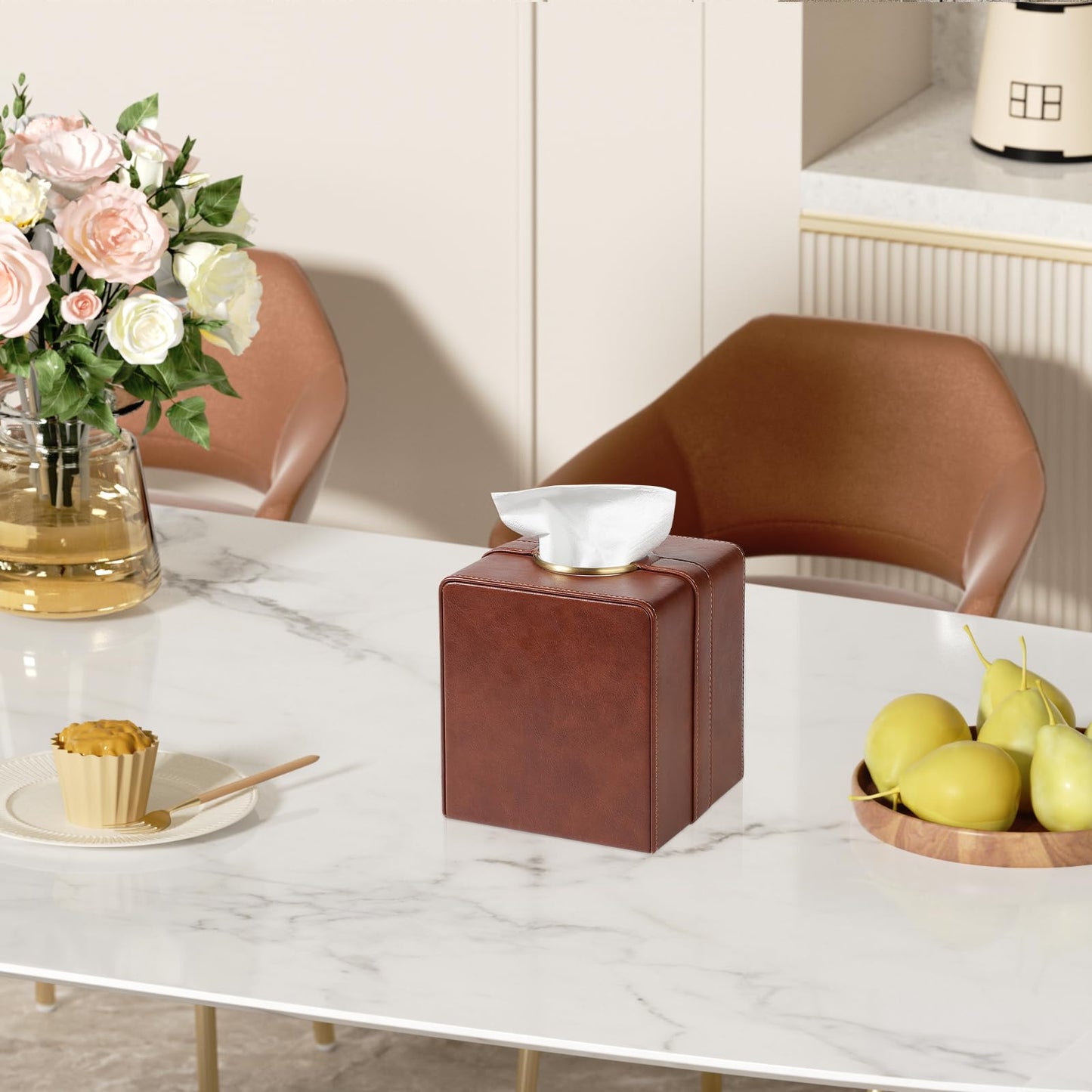 Cretkhp Luxury Square Tissue Box Cover, PU Leather Tissue Box Holder with Magnetic Closure and Gold Decorative Grommets for Bathroom Bedroom, Decorative Elegant Cube Tissue Holder (Brown)