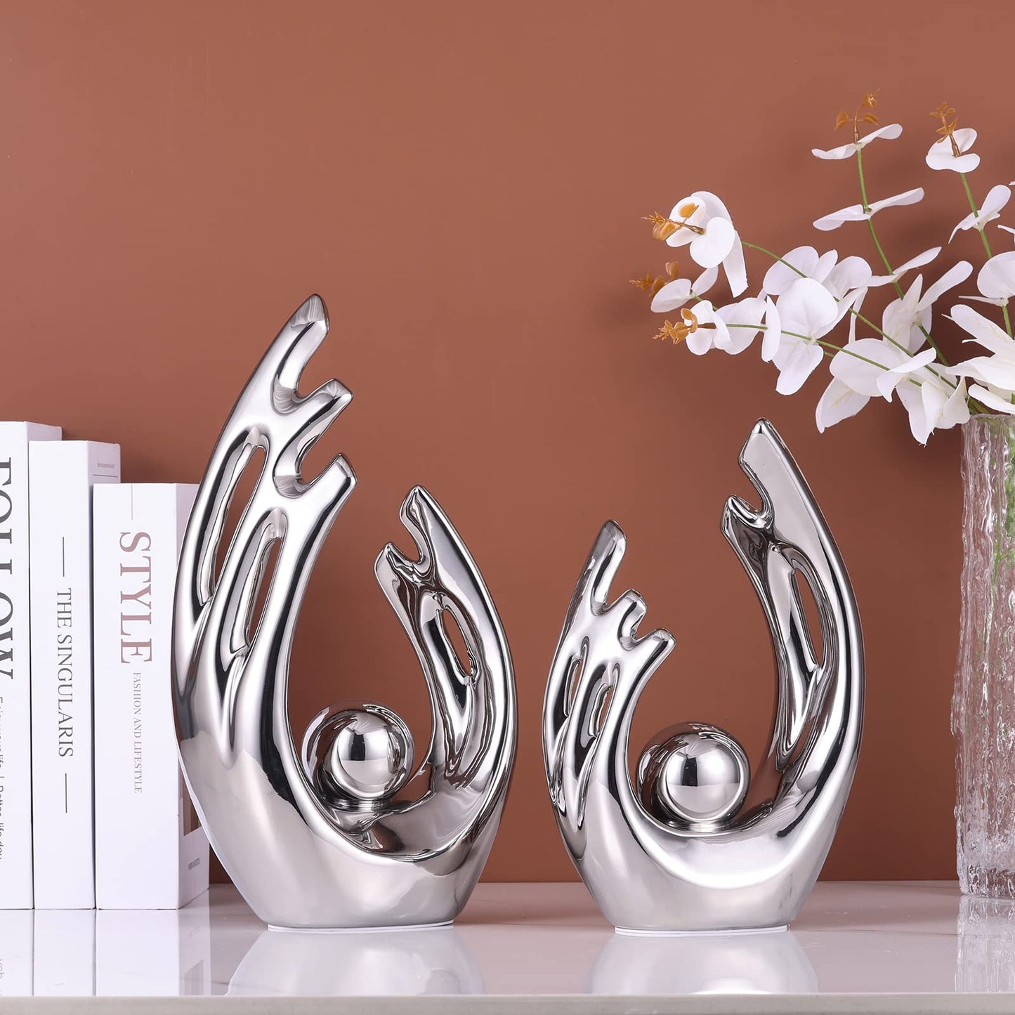 LCCCK 9.5" H Silver Aesthetic Room Decor Accent, TV Stand Funky Table Centerpiece, Abstract Art Ceramic Statue and Sculpture, Silver Decor for Living Room, Bookshelf Decorative Objects, Shelf