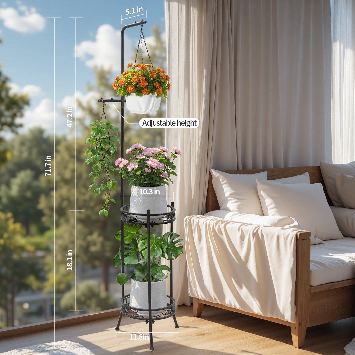 CZWL&HG Hanging Plant Stand Adjustable 2-Tier 72" Metal Shelf -Tall Indoor/Outdoor Plant Rack with Hangers for 4 Potted Flowers, Corner Shelf for Living Room & Patio (White)