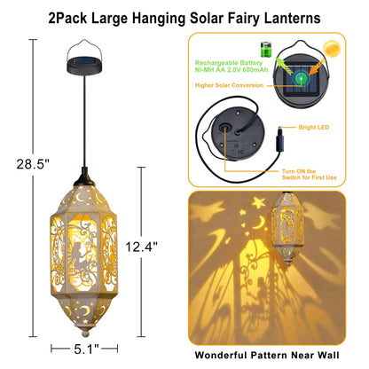 Big Outdoor Solar Lanterns Waterproof Garden Gifts for Women Mom Fairy Moon 12.4‘’ Metal Garden Lanterns Hanging Light for Patio Backyard Decorations, Mothers Day Birthday Gifts (Gold White,2Pack)