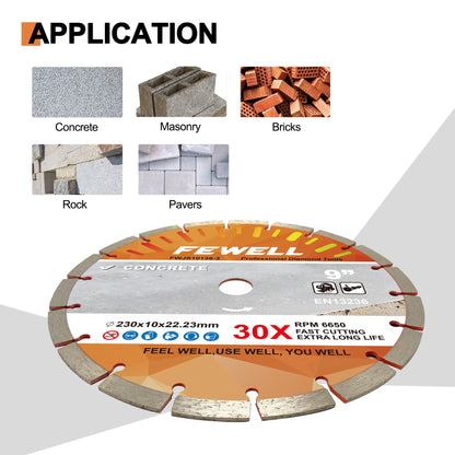 FEWELL 9 Inch Diamond Blade, Segmented General Purpose Blade Dry/Wet Cutting Concrete, Masonry, Brick, Block，Stone (3 Packs)