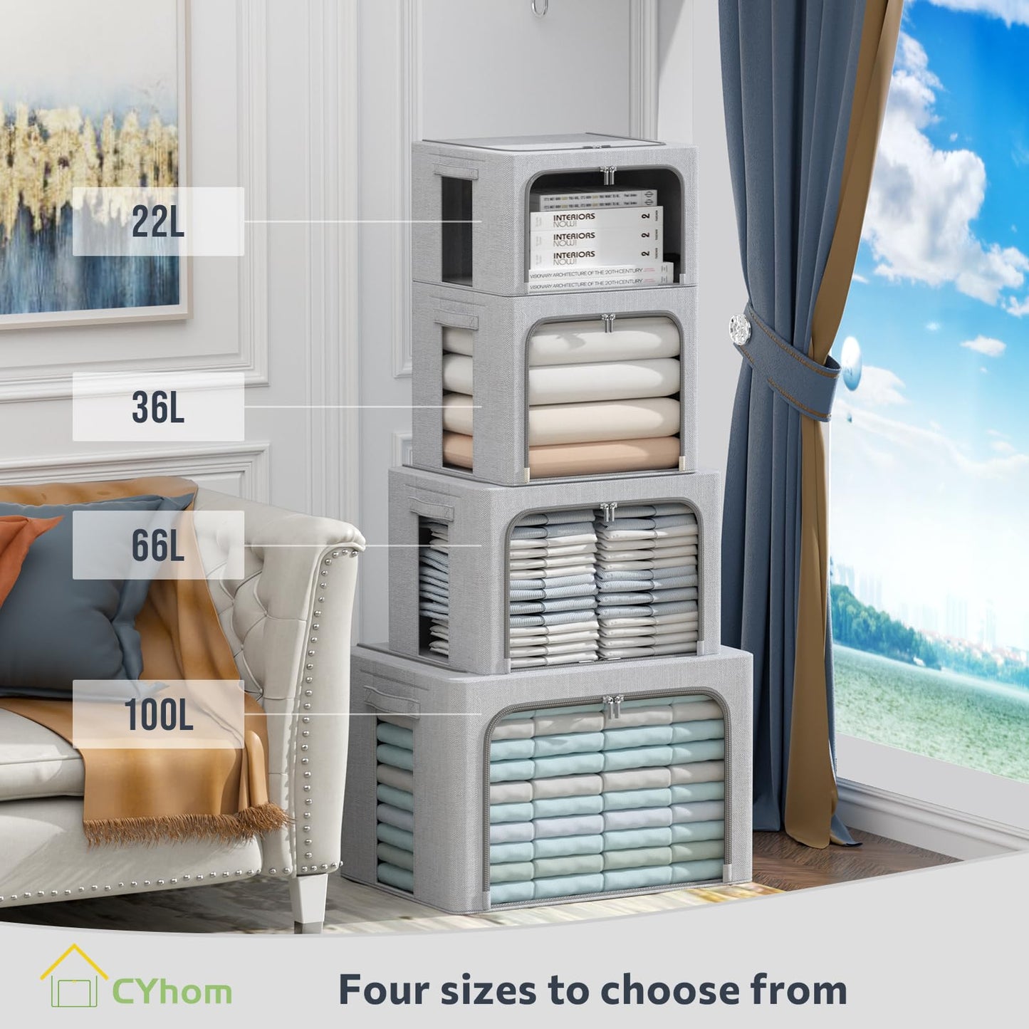 CYhom 3Pack Foldable Storage Bins - Frame Storage Box Linen Fabric Stackable Clothes Container Organizer with Clear Window & Carry Handles Large Capacity (Medium-36L, Light Grey)