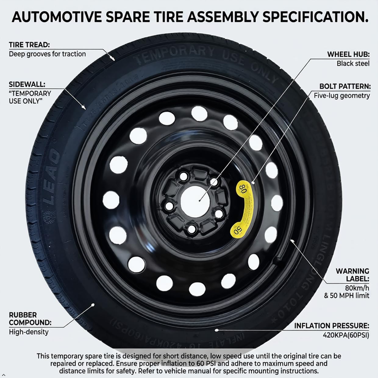 Spare Tire Kit Compatible with 2016-2025 Chevrolet Malibu | 135/70R18 Compact Donut Spare | Complete Roadside Kit Includes Scissor Jack, Lug Wrench & Storage Bag – Fits Under Trunk Floor