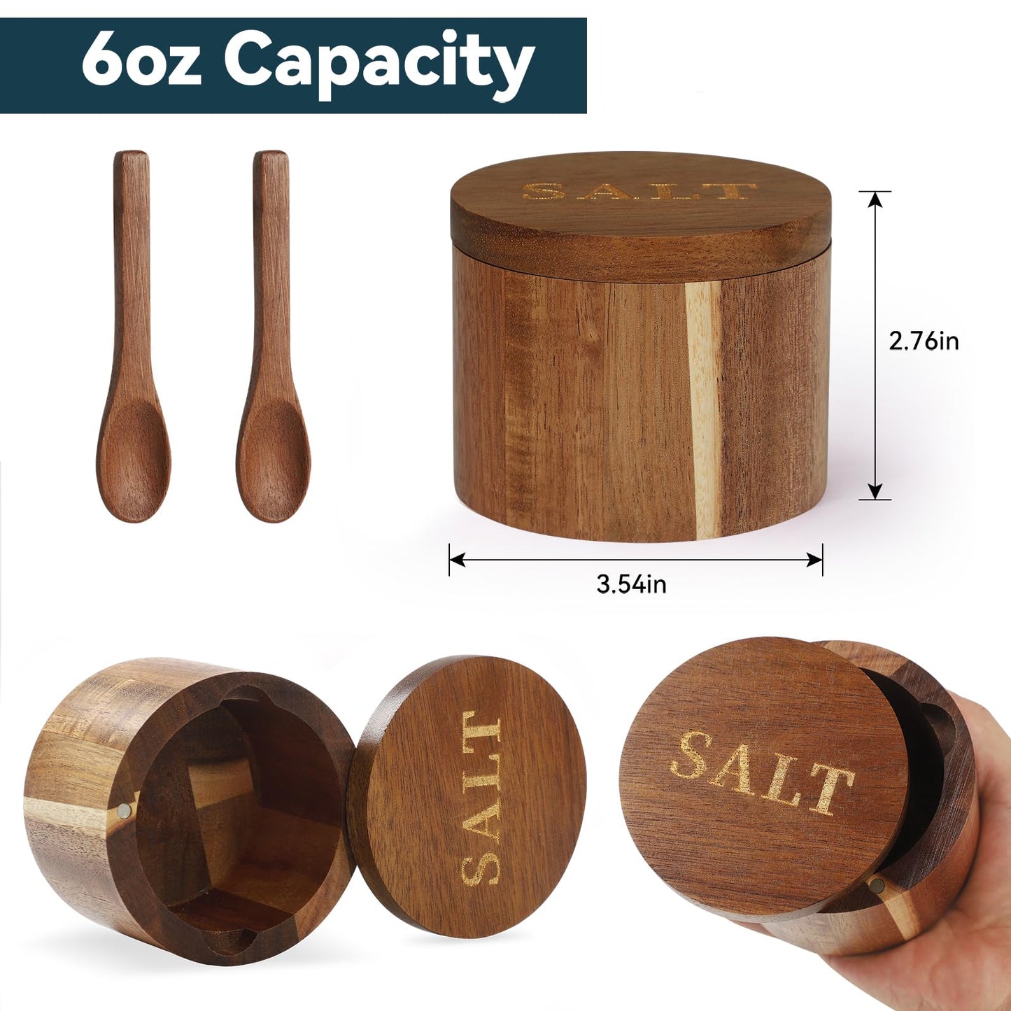Timtopno Salt Cellar, Acacia Wood Salt Container with Built-in Spoon & Swivel Lid, Engraved SALT Box, Salt Holder Bowl for Countertop Seasoning Storage