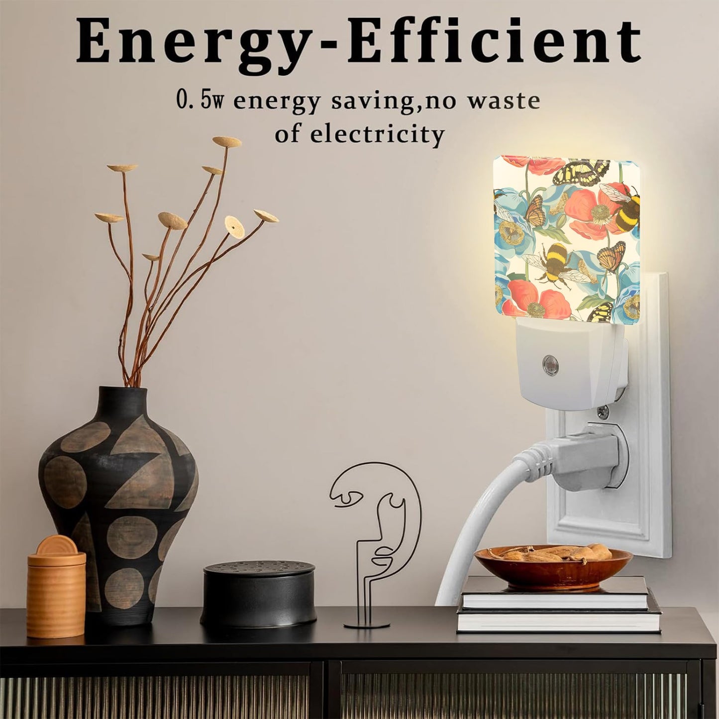 Red Poppy Flowers with Bee Butterflies Night Light for Kids,Bright Floral Insects Night Light Plug in with Dusk to Dawn Sensor,0.5w Energy Saving Nightlight for Hallway Stairway Kitchen Bedroom