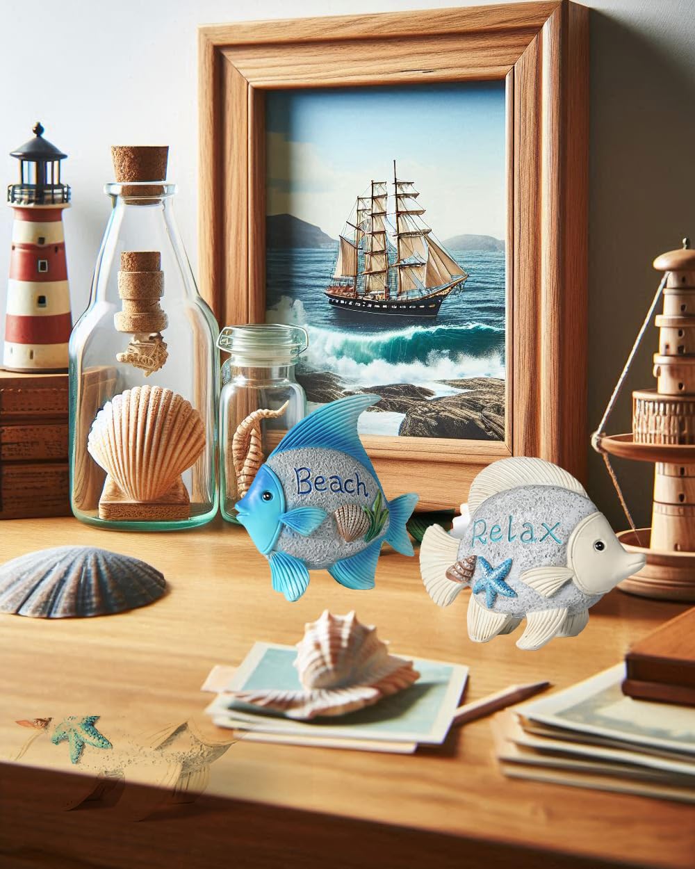 GoGnome Coastal Charm Resin Fish Figurines - Set of 2 Decorative Relax & Beach Decor Nautical Themed 4.4'' Statues for Home Hotel (Fishes)