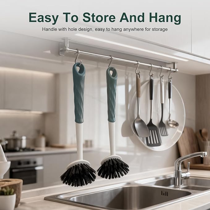 Dish Brush, 2 Pack with Comfortable Handle, with Built-in Scraper, Scrub Brush