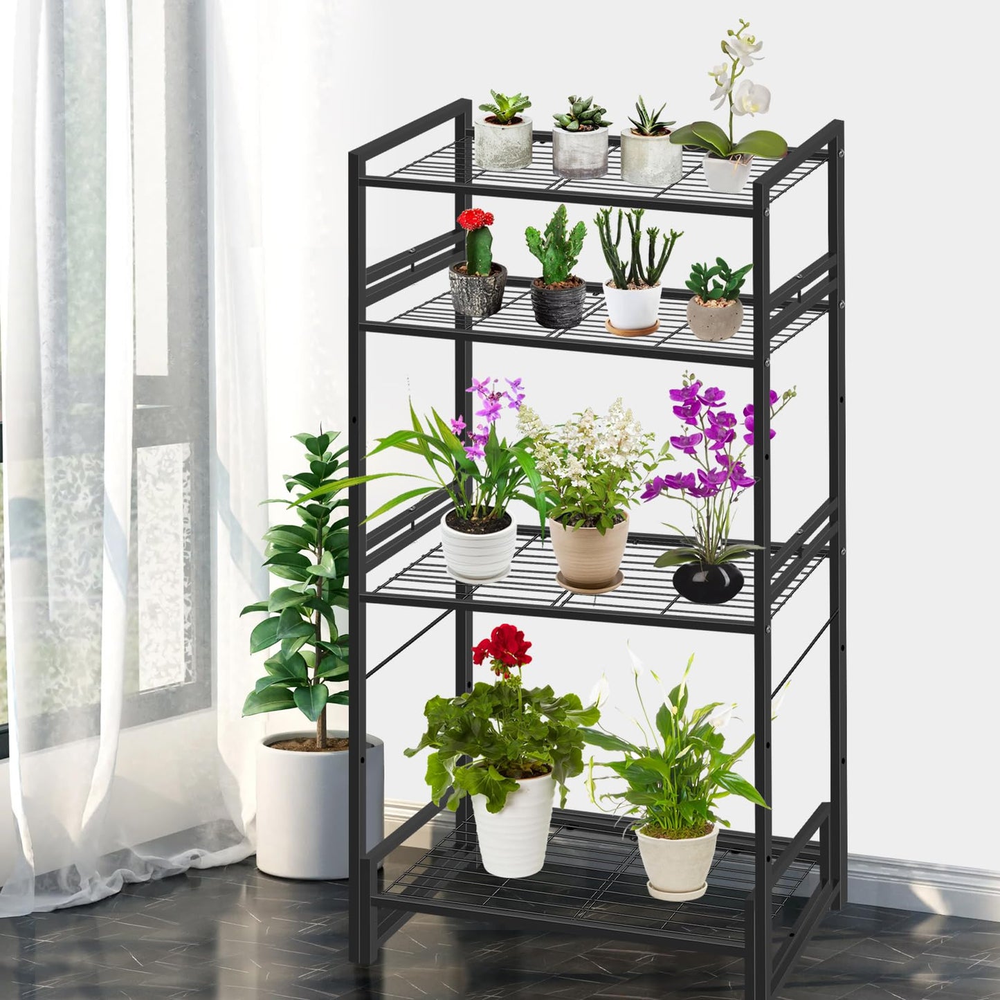 Meyoppm 4 Tier Metal Plant Stand Indoor Outdoor, Ladder Flower Pot Holder Plant Stands, Stackable Heavy Duty Tall Plant Shelf Flower Pot Holder for Garden, Display Rack