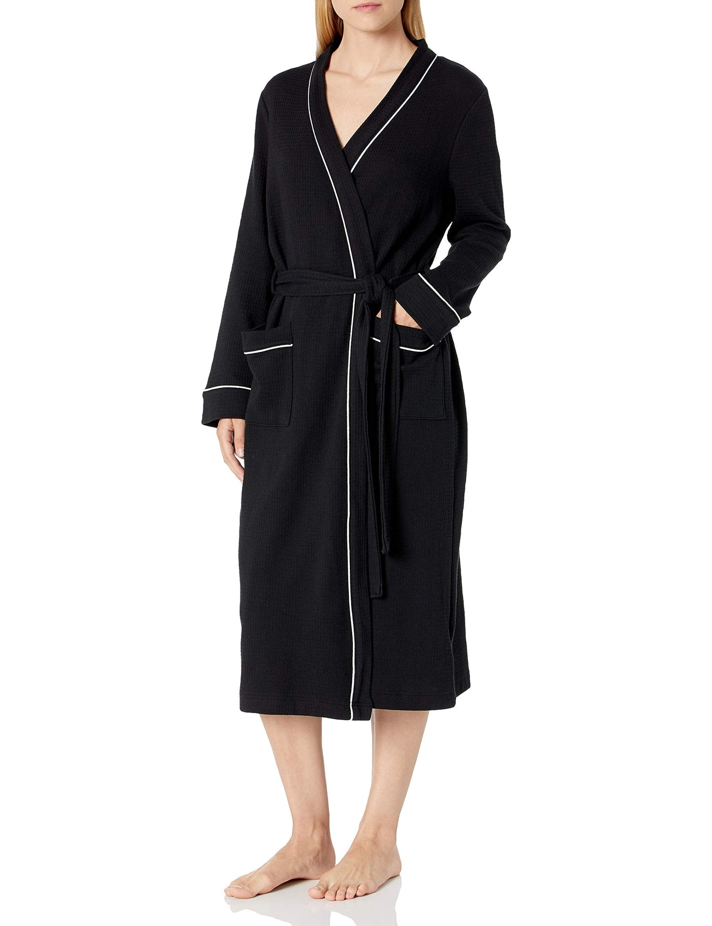 Amazon Essentials Women's Lightweight Waffle Full-Length Robe (Available in Plus Size), Black, XL