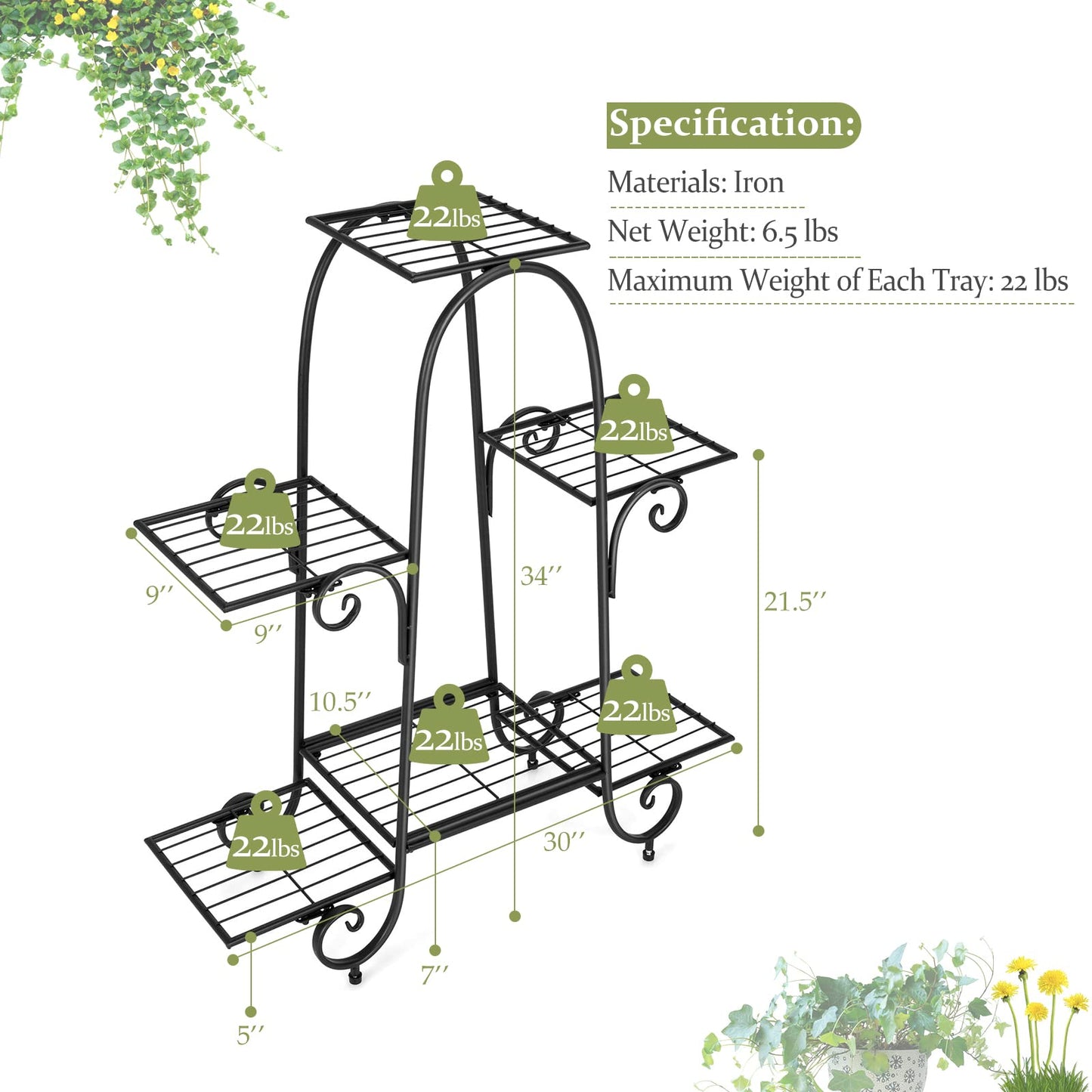 Giantex 6 Tiers Metal Plant Stand Flower Pots Holder, Plant Display Rack for Patio Garden Balcony Home, Indoor Outdoor Storage Shelf Decorative Planter Vertical Flowerpot Holder