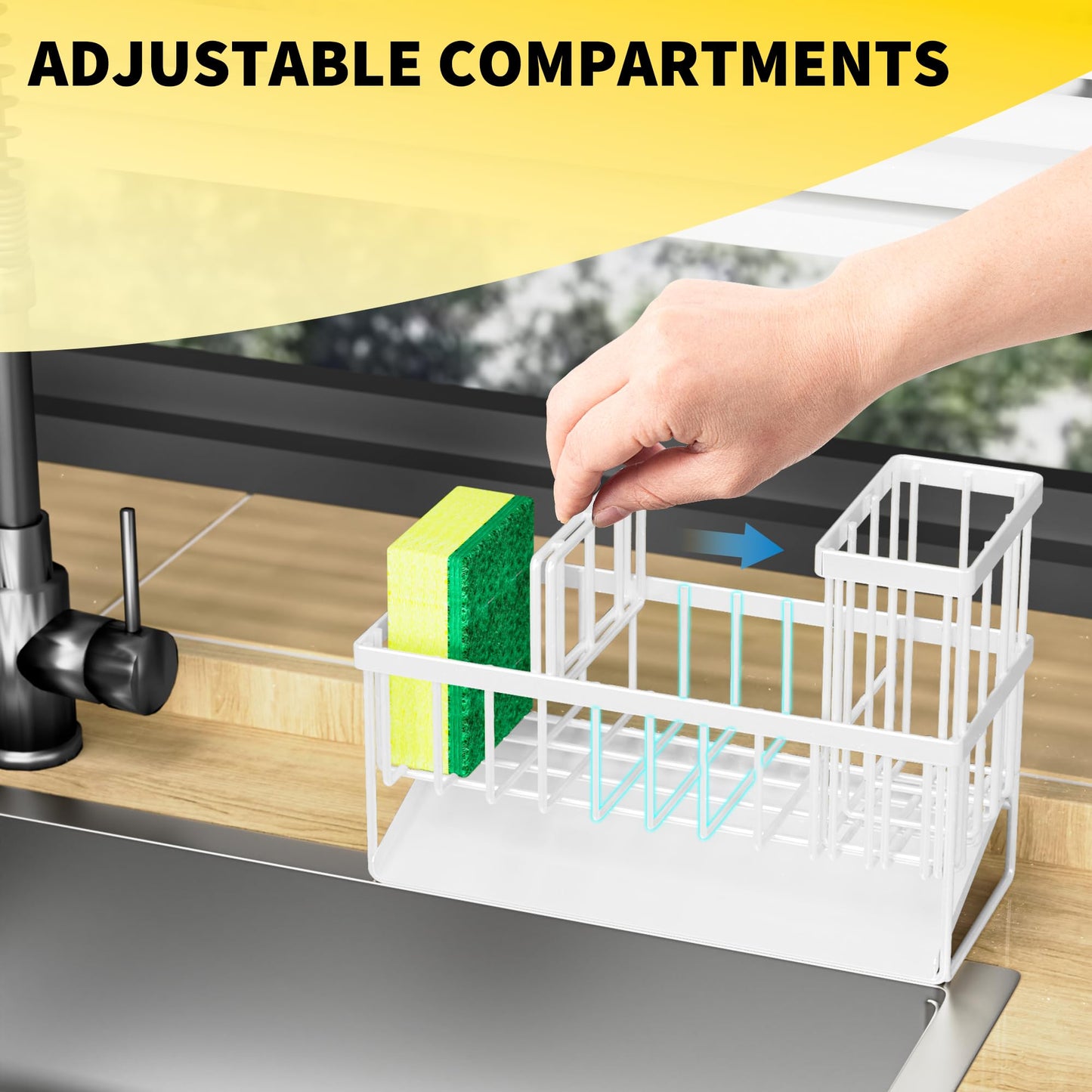 Cisily Kitchen Sink Caddy Organzier with High Brush Holder, Sponge Holder for Sink, 304 Rustproof Stainless, Kitchen Countertop Soap Dispenser Organizer, Kitchen Decor and Accessories