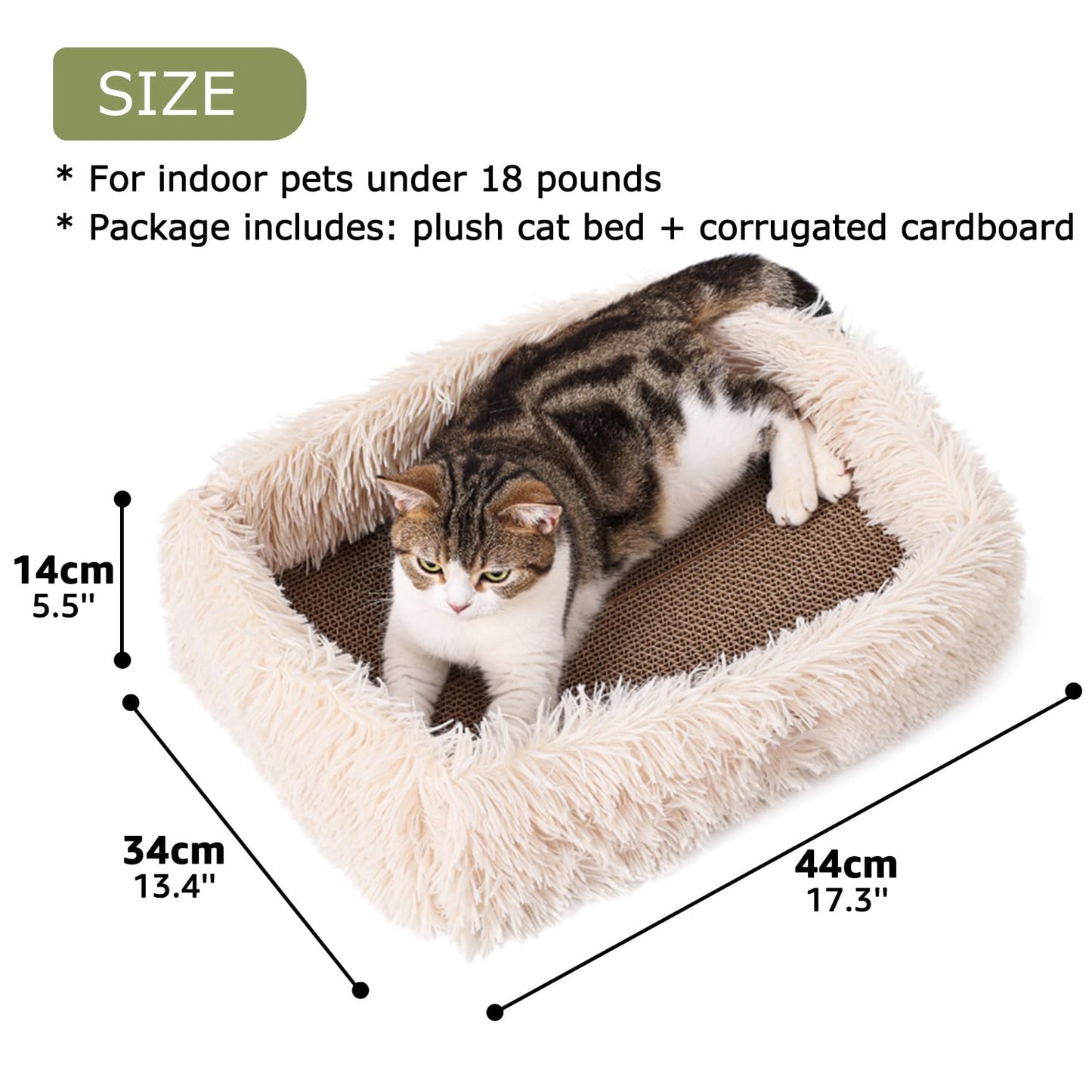 TIGOADT Fluffy Cat Scratcher Lounge Box with Removable Cardboard,Cat Rectangular Bed with Corrugated Board, Pet Scratching Pad for Furniture Protection, Training Toy (Beige)