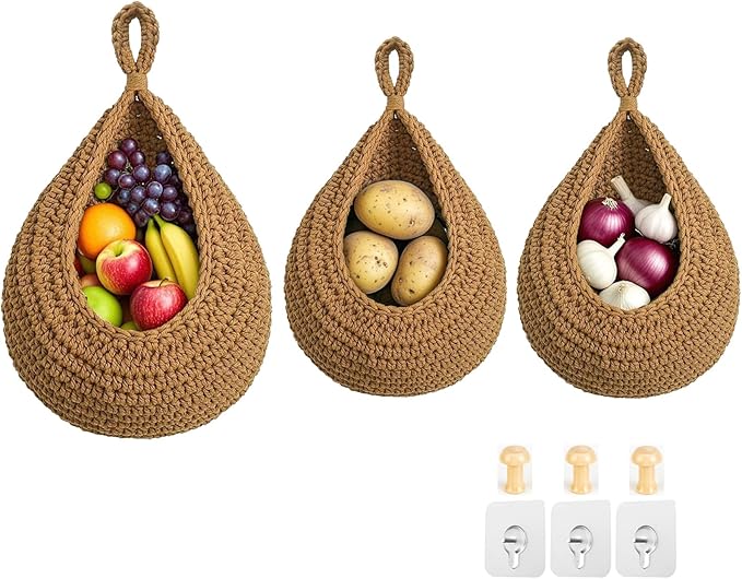 Hanging Fruit Baskets for Kitchen, 3 Pack Boho Cotton Rope Handwoven Vegetable