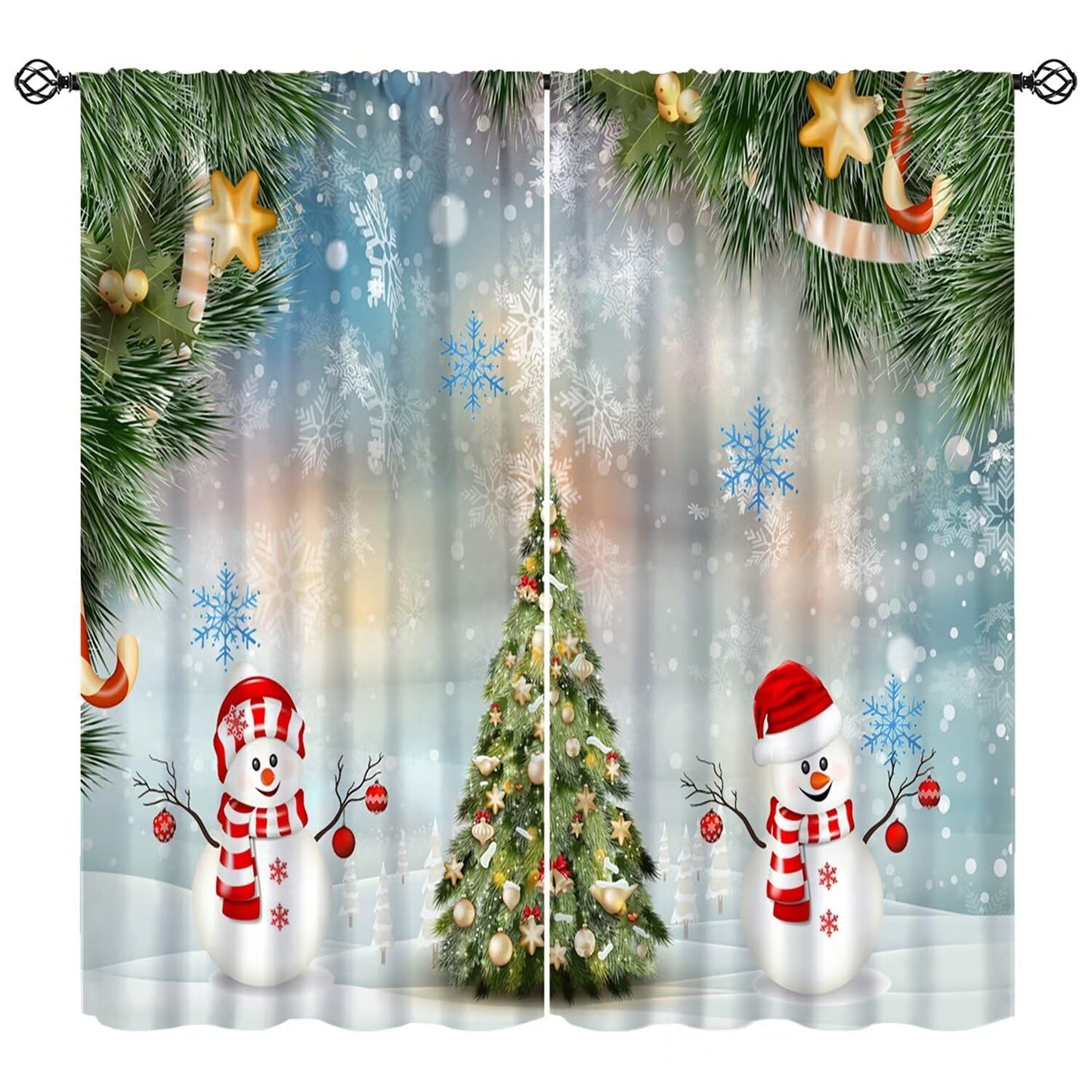 FengMingRui Christmas Curtain Christmas Happy Holidays Winter Snowflake Holiday Christmas Snowman Decor Window Treatment Bedroom Living Room Decor Window Drapes 52" W X 84" L