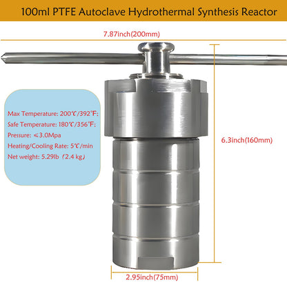 PreAsion 100ml PTFE Autoclave Hydrothermal Synthesis Reactor 220℃,3Mpa,304 Stainless Steel, Heating Cooling Rate:5 ℃/min