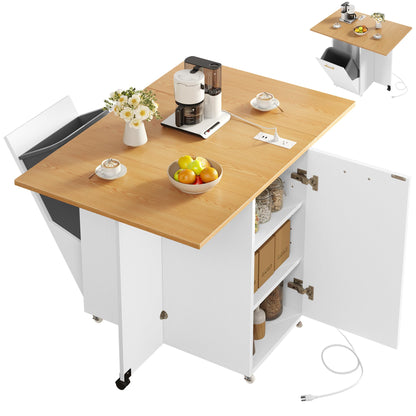 YITAHOME Folding Kitchen Table with Power Outlet, Drop Leaf Kitchen Table Islands for 2 on Wheels, Convertible Trash Can Storage Cabinet for 10 Gallon Garbage Bin, Adjustable Storage Racks, Wihte Oak