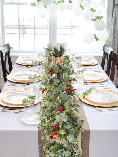 JoyHome 6ft Pine Christmas Garland, Artificail Red Berry Garland Christmas with Eucalyptus Leaves Cypress Garland for Home Decoration Holiday Mantel Table Decor