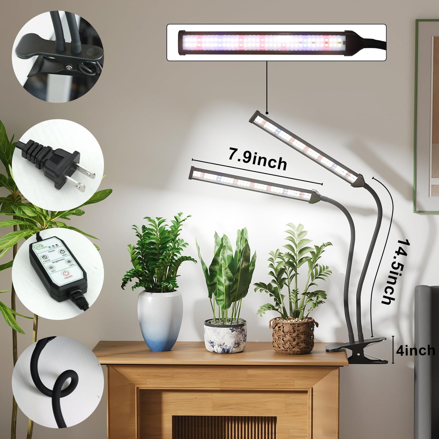 GooingTop Grow Light LED Gooseneck Lamp,Dual-Head White Full Spectrum 148 LED Plant Lamp with Red Blue Light Clip-on Desk for Indoor Plants Growing,Diming & Auto Timer,Super Bright