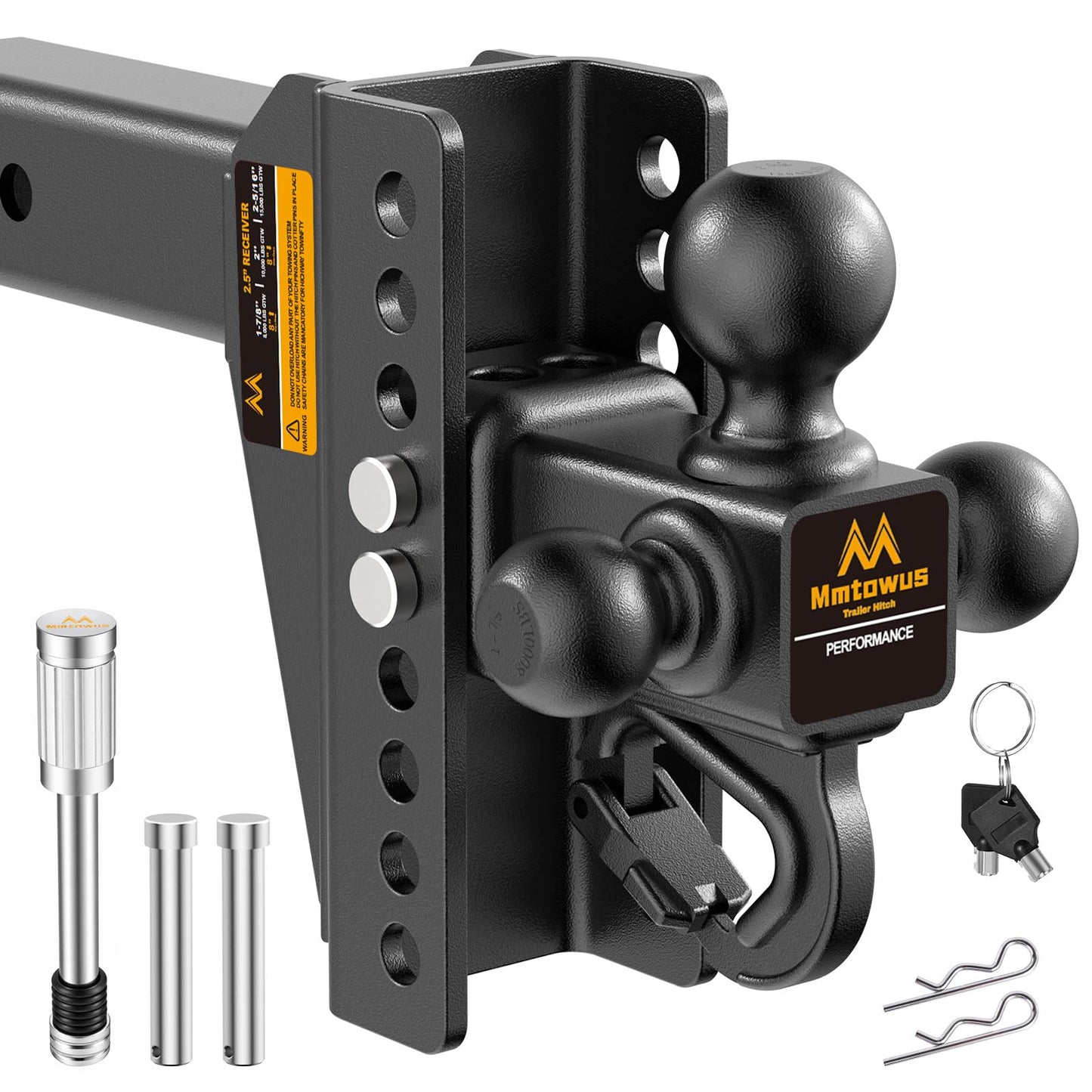 Mmtowus Adjustable Trailer Hitch - Drop Hitch -Tri Ball Mount w/Hook (1-7/8'', 2''&2-5/16''), Fits 2.5-Inch Receiver, 8'' Drop/Rise 15,000 LBS GTW Tow Hitch, 3 Ball Hitches for Trucks, RV, Camper etc