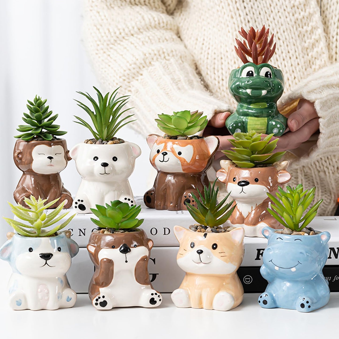 DIYOMR Cute Animals Planter, Mini Ceramic Cartoon Animal Shaped Succulent Flower Pot Indoor Air Plants Holder, Smooth Shiny Decorative Flower Cactus Planter - Plants Not Included (White Bear)