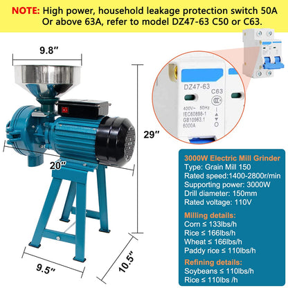 Grain Mills, Upgraded 3000W Wet Dry Cereals Grinder Electric Grain Grinder Corn Mill Heavy Duty 110V Commercial Grain Grinders Machine Rice Corn Grain Coffee Wheat Feed Mills with Funnel