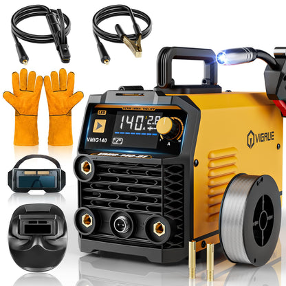 VIGRUE 140A MIG Welder, 110V Flux Core/Stick/Lift MIG 3 in 1 Welding Machine with Large Digital Screen Display & Welding Mask & Gloves