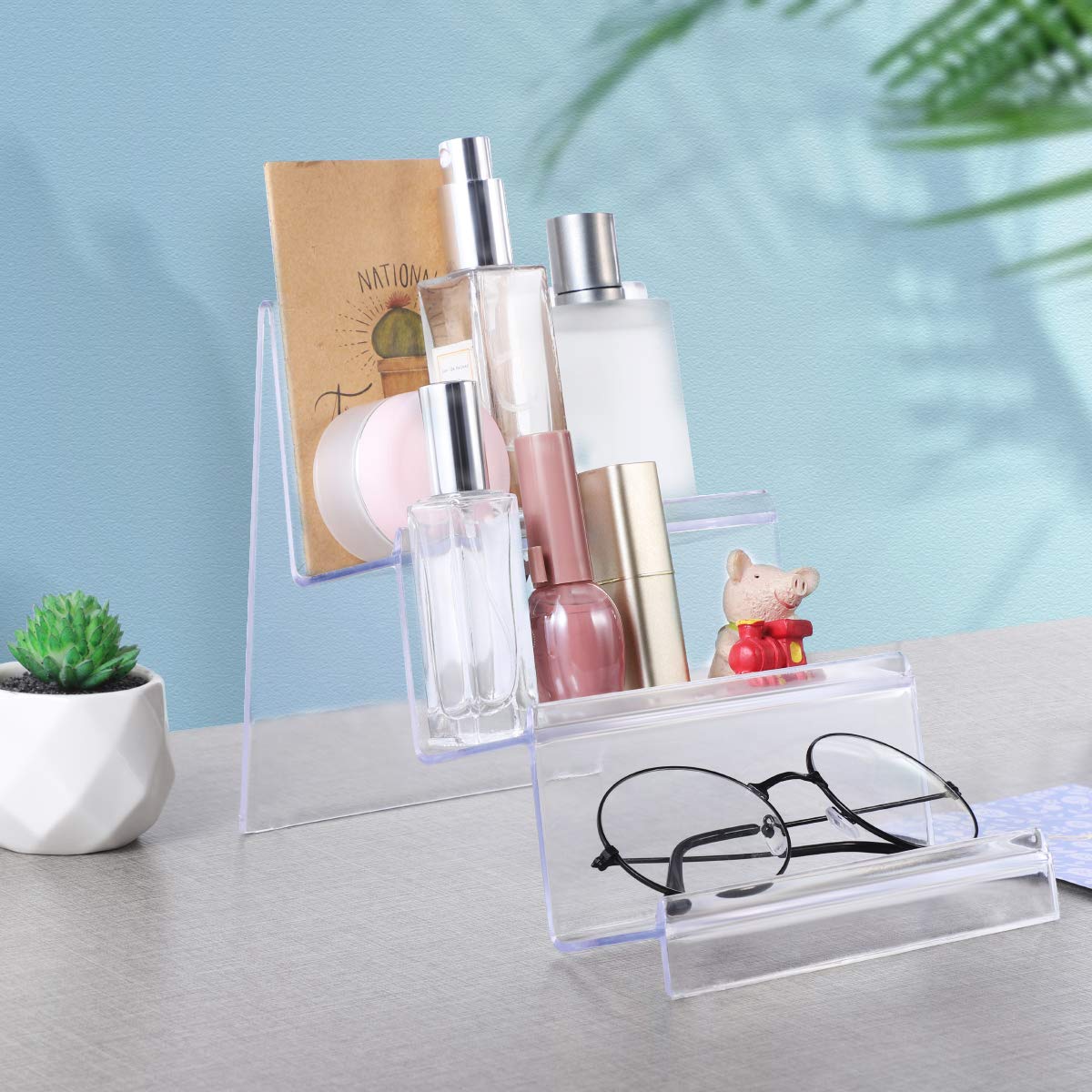 DOITOOL Clear Acrylic Purse Display Stand Holder Wallet Stand 3 Tier Handbag Purse Display Stand Glasses Holder Jewelry Display Riser Shelf for Home Decoration and Organizer