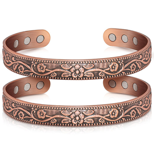 Auramag Copper Bracelets for Women, 99.99% Pure Copper Cuff Bangle with 3500 Gauss Magnets, Adjustable Jewelry with Gift Box(Set of 2)