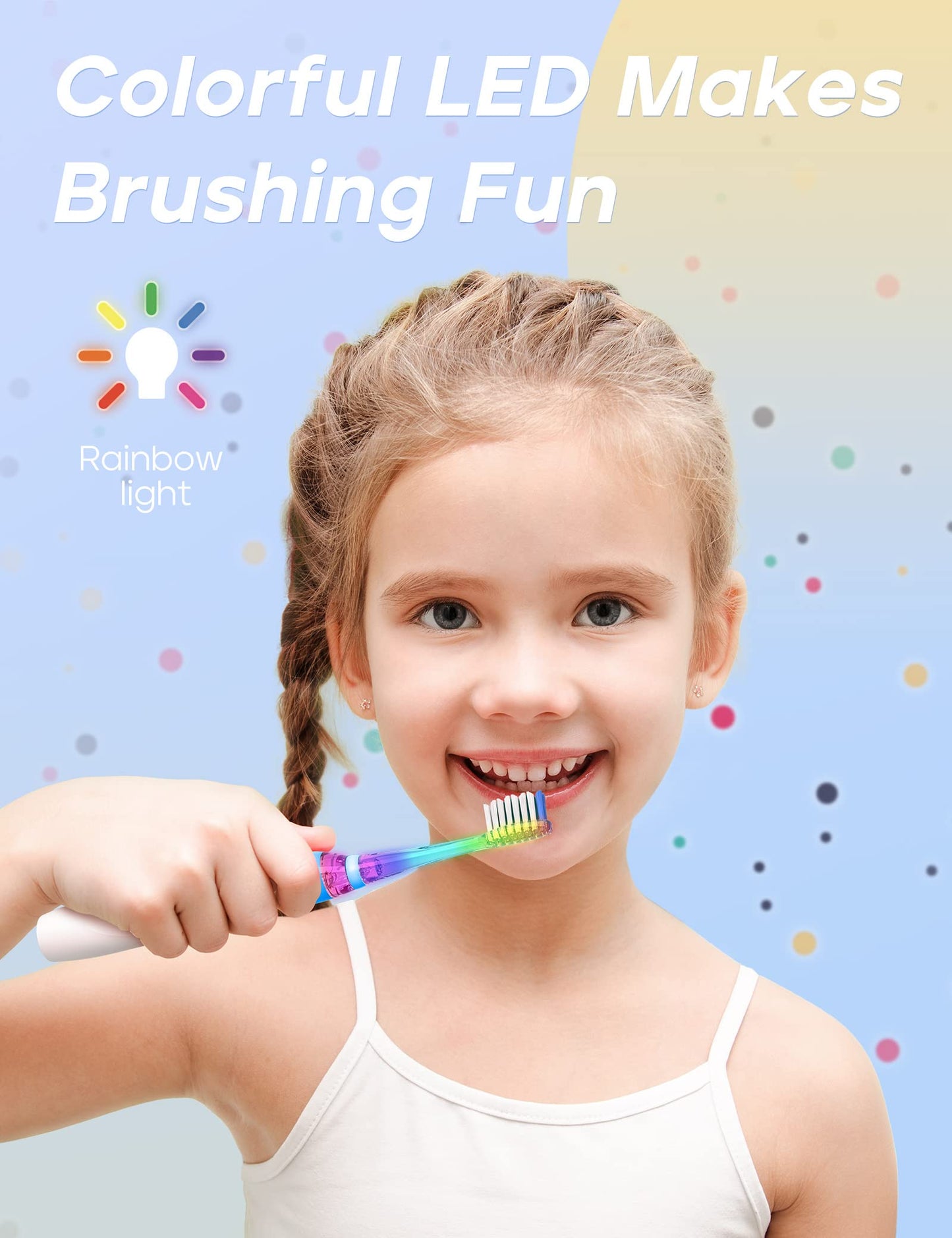 SEAGO Kids Electric Toothbrush with 2 Mins Brushing Timer and 4 Replacement Bursh Heads, Rainbow LED Light Make Brushing Fun, Boys Battery Powerd Toothbrush for 4-12 Years Old，SG-977 (Light Blue)