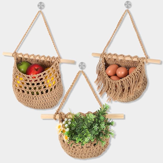 3 Tier Hanging Fruit Basket, Wall Hanging Vegetable Fruit Baskets Cotton Woven